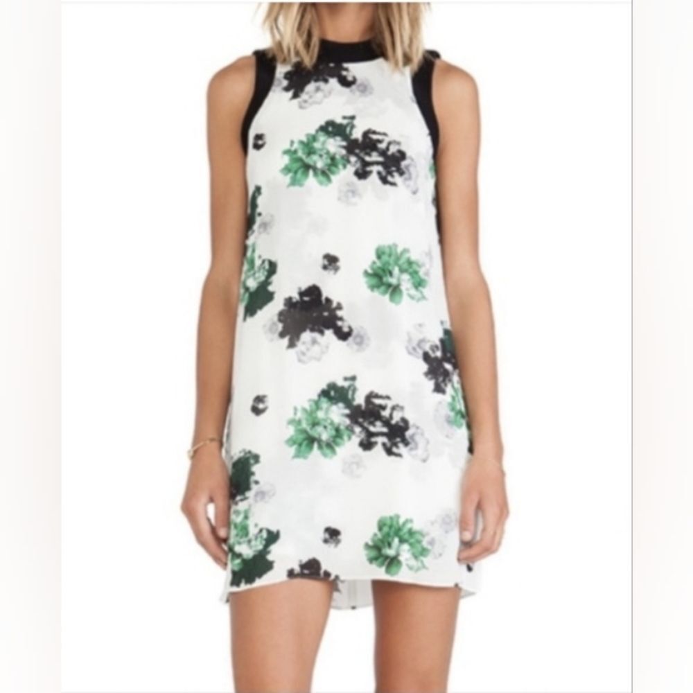 A.L.C. Drie White Sleeveless Green And Black Floral Print 100% silk Dress Size 8